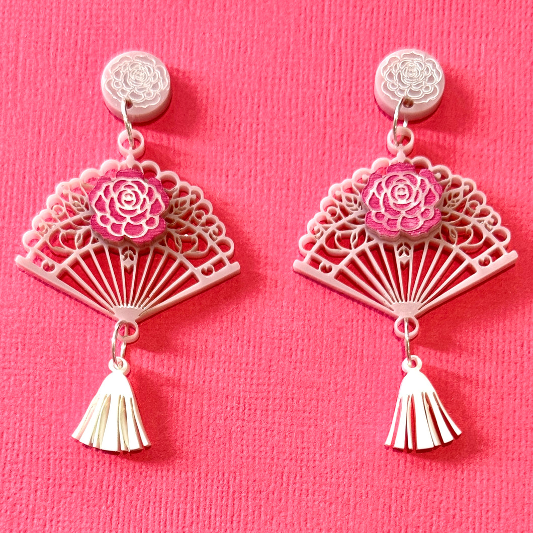 Pink rose fan -🪭 Dangle earrings