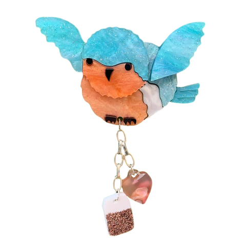 Pink Blue Bird Teabag- Brooch