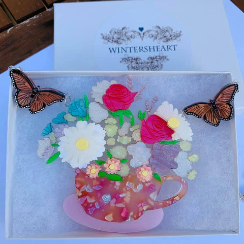 Pink Tea cup and Butterfly - Necklace