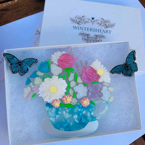 Blue Tea cup and Butterfly - Necklace