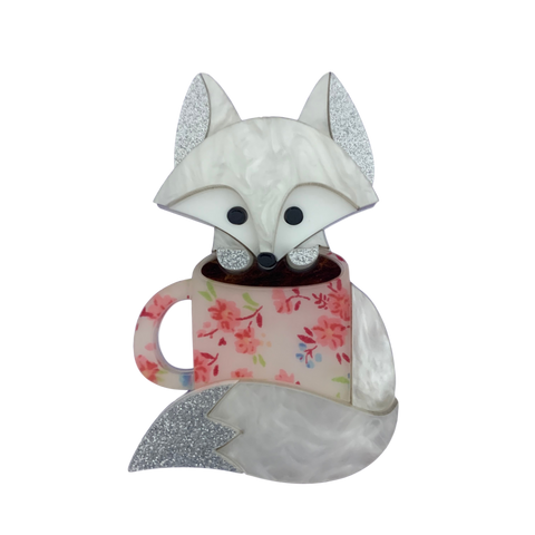 Coffee Fox - Pink floral brooch