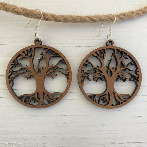 Hardwood large circle tree earrings