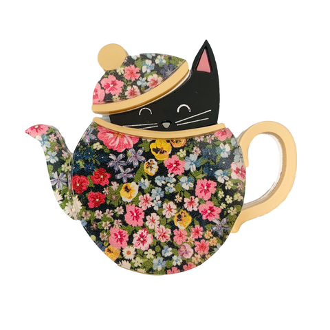 Spring Teapot Kitty  - Brooch