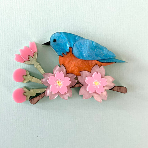 Cherry Blossom blue bird branch - Brooch