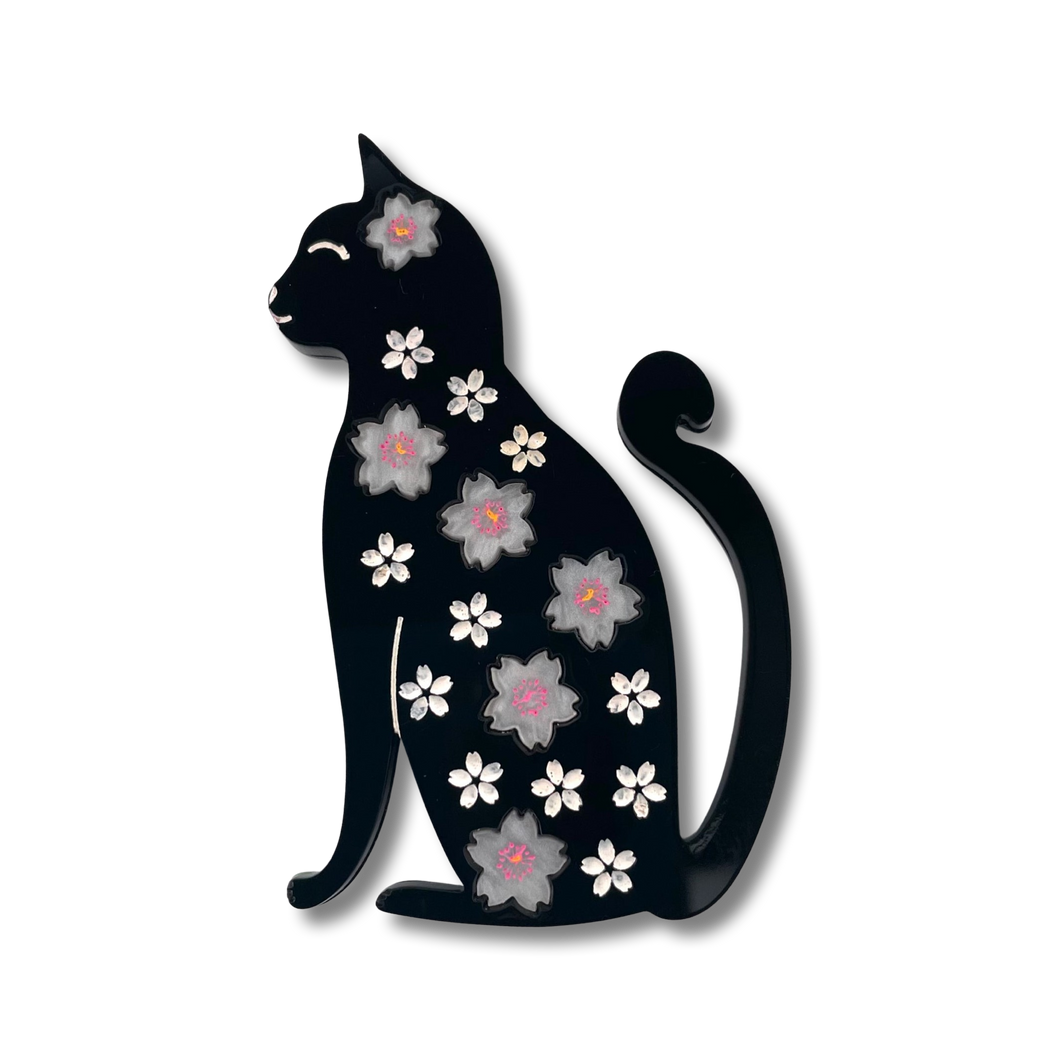 White Cherry Blossom black kitty - Brooch