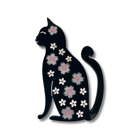 White Cherry Blossom black kitty - Brooch