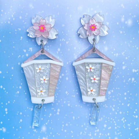 White Cherry Blossom Lantern - Earrings