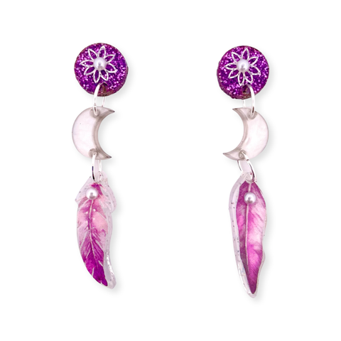Purple moon and feathers - Earrings