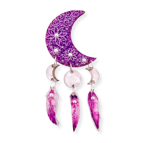 Purple moon and feathers  - Brooch