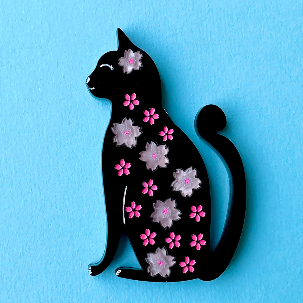 Cherry Blossom black kitty - Brooch